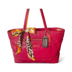#22 Coach Pink Tote Bag with Multicolor Twillie (Poppy?)